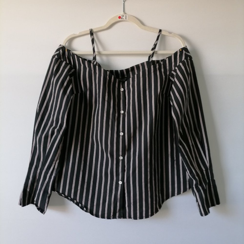 Topshop Womens Black Long Sleeve Off Shoulder Striped Blouse Shirt Top Size 8